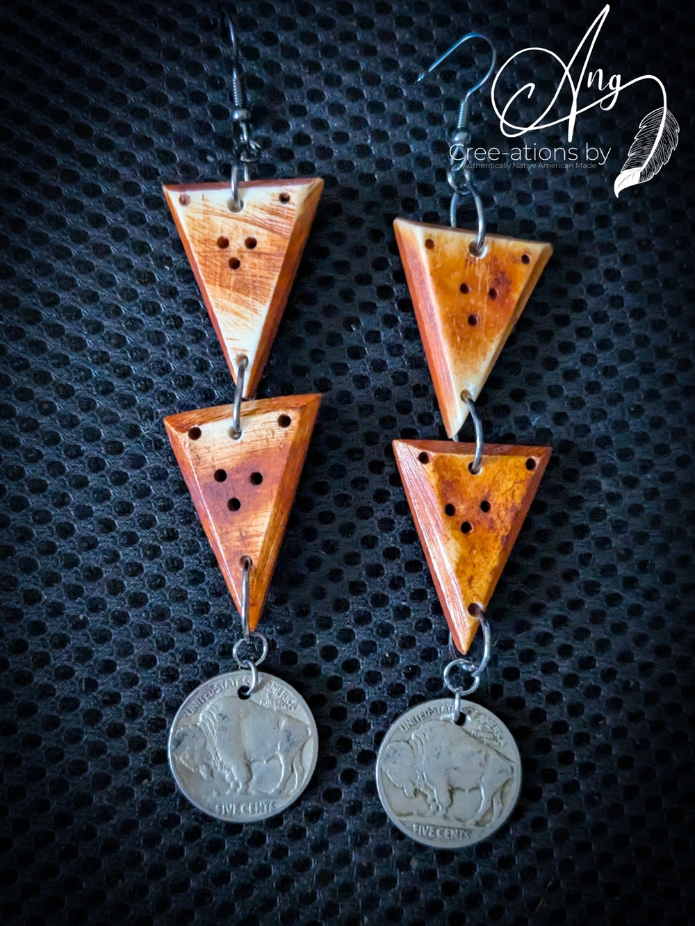 Native American Buffalo Bone Drop Earrings with Antique Buffalo Nickels